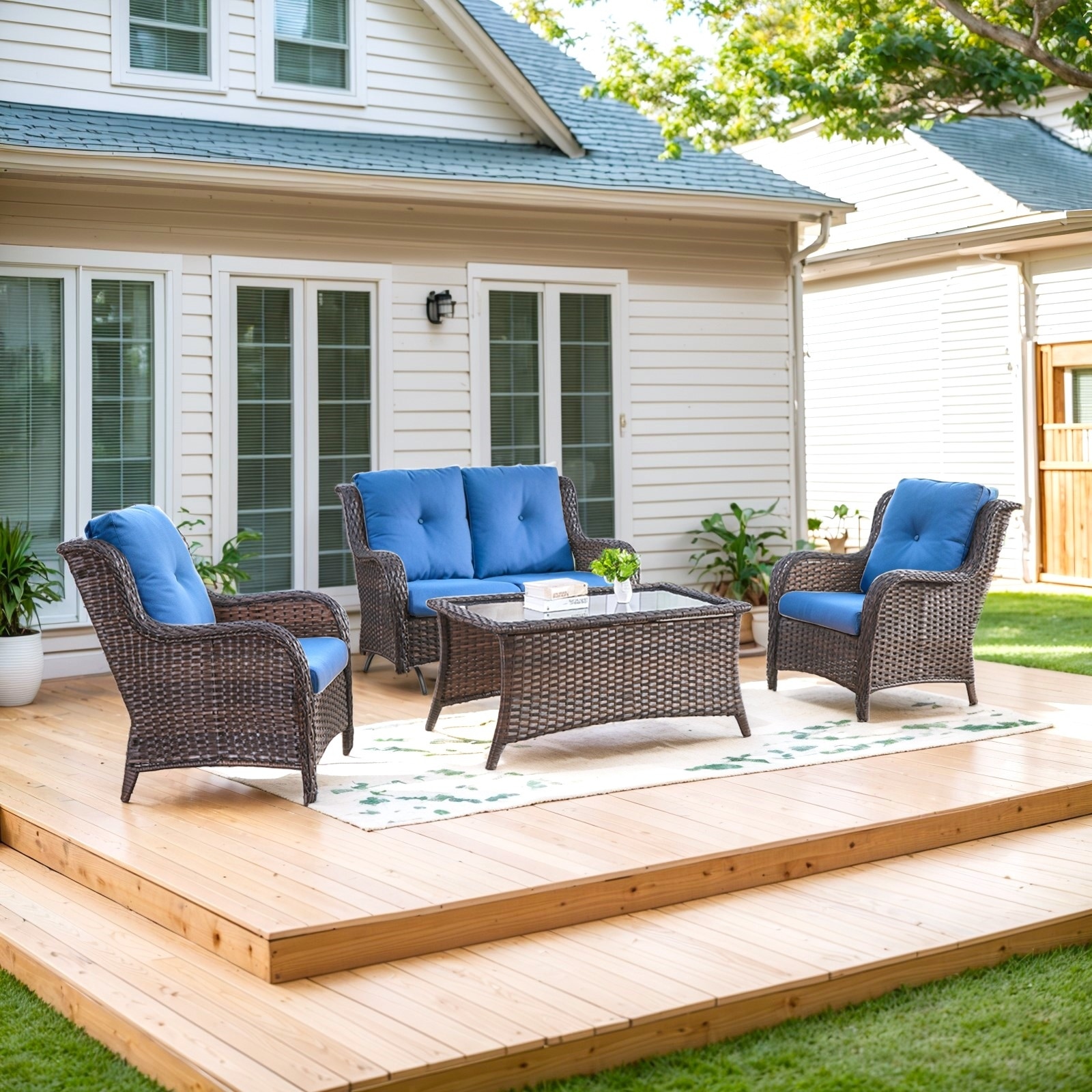 Patio Loveseat Glider Sofa with 2 Club Chair and Coffee Table - Blue cushion - Brown