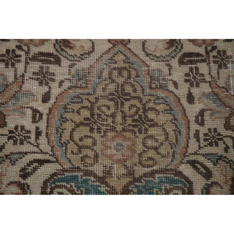 Distressed Geometric Tabriz Persian Antique Rug Handmade Wool Carpet - 9'8" x 13'5"
