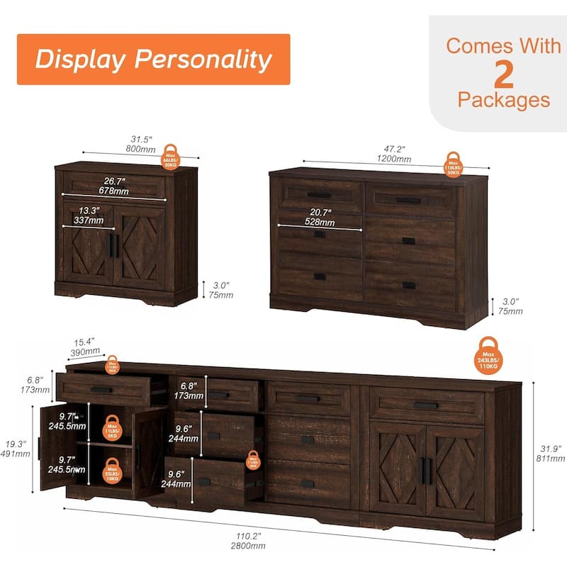 Large TV Stand,3/4-in-1 Farmhouse TV Console Table with Storage Barn Door Cabinet
