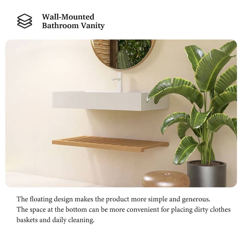 Wall-Mounted Bathroom Vanity in Natural Wood with White Integrated Acrylic Sink