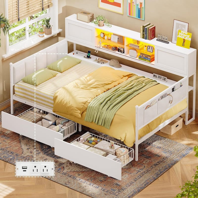 Loft Bed L Shaped Desk Daybed Power Outlet LED Light Drawers Shelves - White