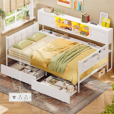 Loft Bed L Shaped Desk Daybed Power Outlet LED Light Drawers Shelves
