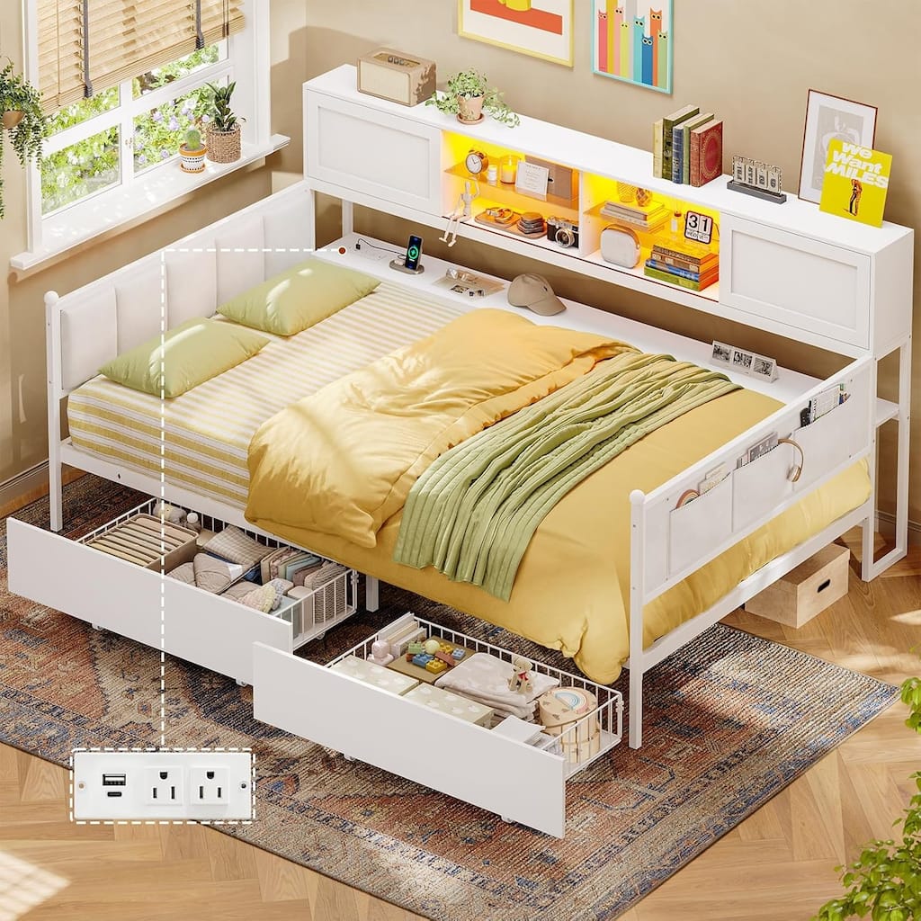 Loft Bed L Shaped Desk Daybed Power Outlet LED Light Drawers Shelves