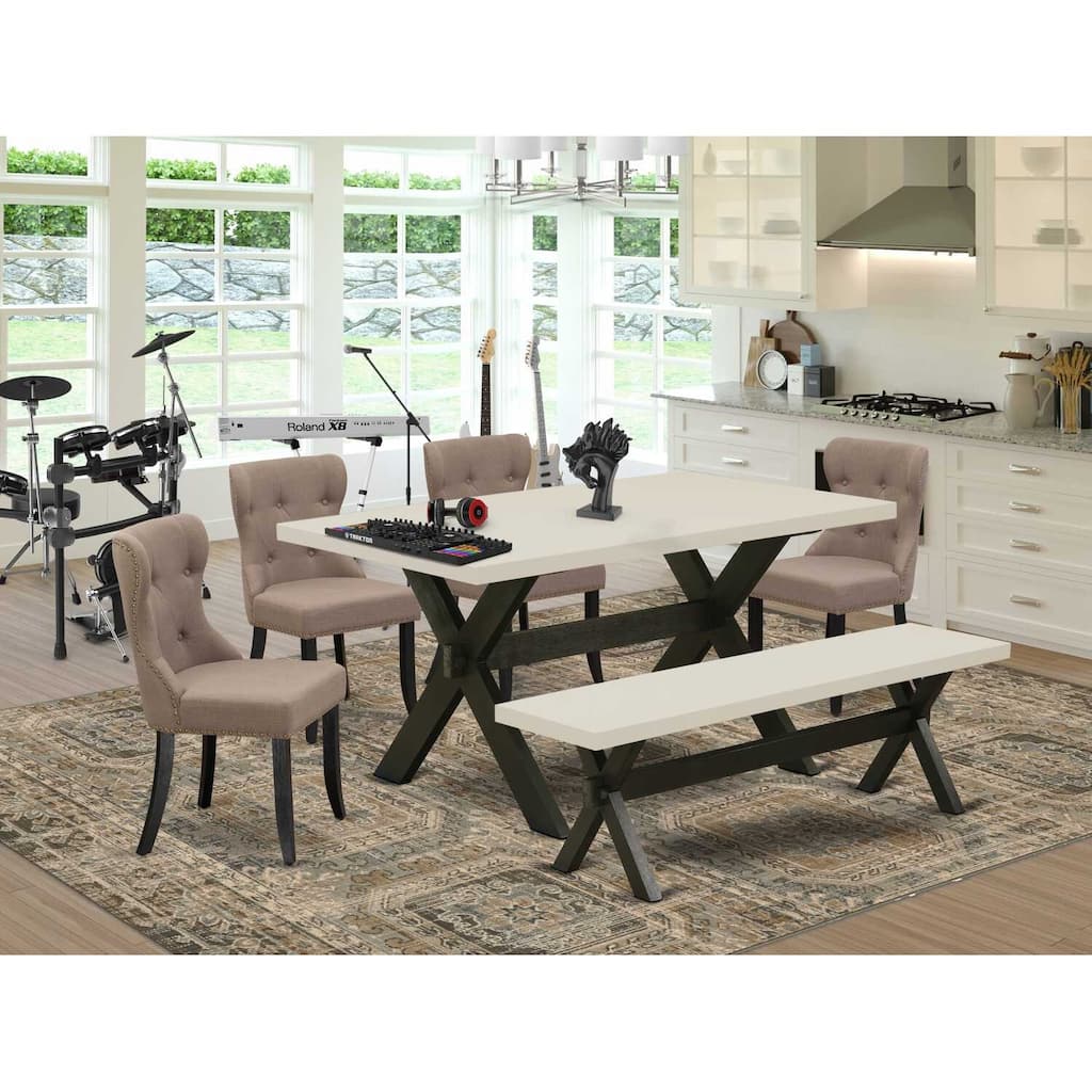 HomeStock 6-Pc Rectangle Natural Oak Finish Solid Wood Top Dining Table with 1-Bench, 4-Chairs