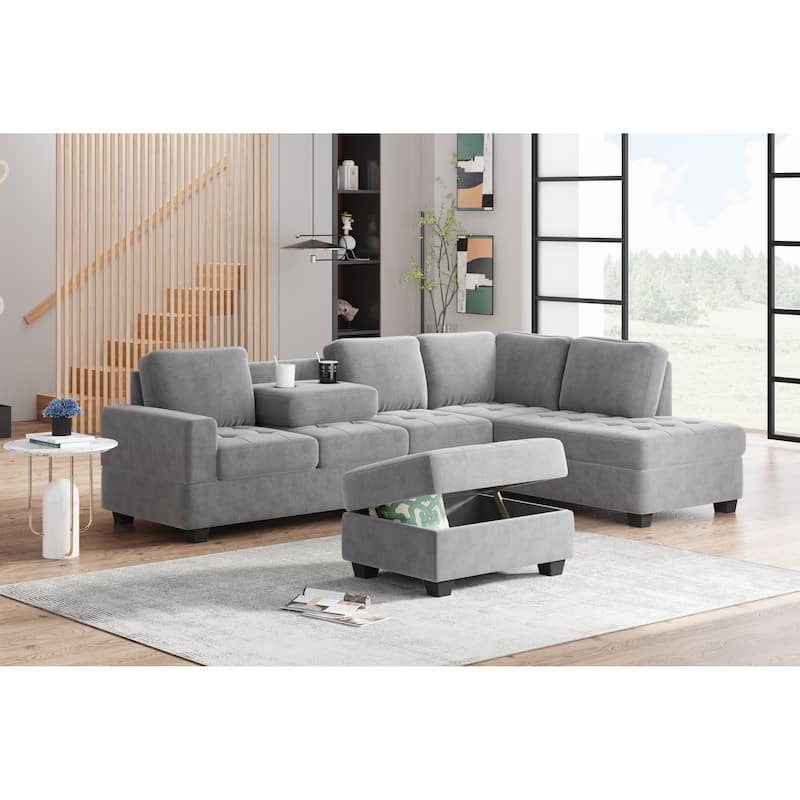 112-inch Modern L-shaped Sectional Sofa with Reversible Chaise, Storage Ottoman and Two Cup Holders - 112"W x 80"D x 33.7"H