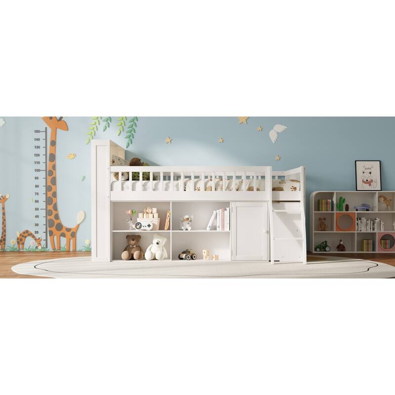 Roomfitters Full/Queen Loft Bed with Storage Shelves and LED Headboard