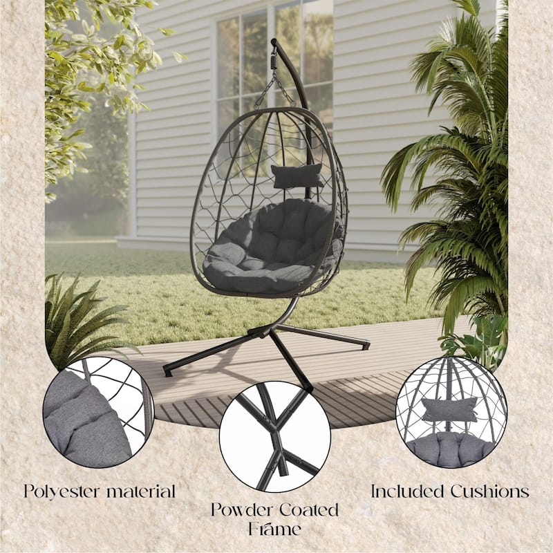 Summit Hanging Egg Swing Chair with Foldable Shell for Patio Balcony Backyard Garden Porch Home Office