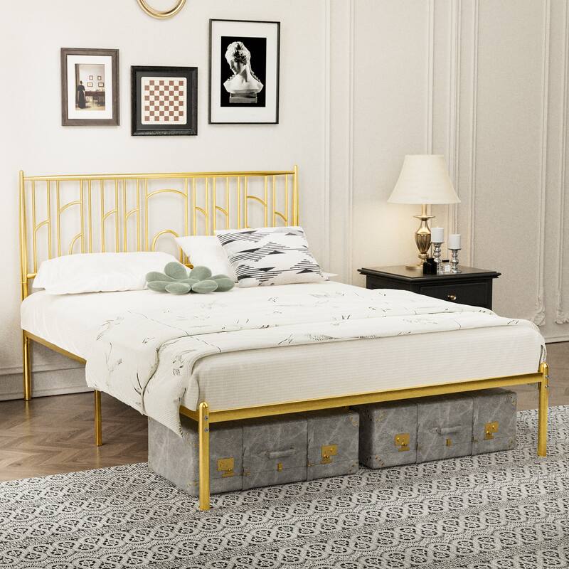 Classic Queen Size Metal Platform Bed Frame with Iron-Art Headboard, Underbed Storage & Noise-Free Design