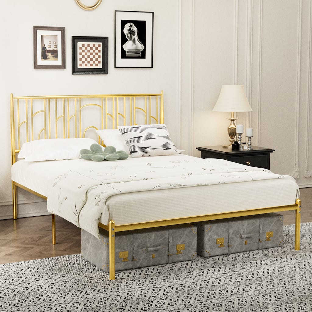 Queen Size Metal Platform Bed Frame Vintage Style Iron-Art Headboard, Under Bed Storage, No Box Spring Needed, Noise Free, Gold