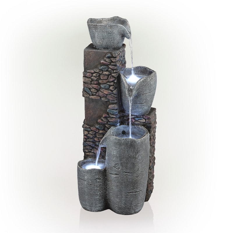 Alpine Corporation HIM562 42" Gray Outdoor Floor 4‑Tier Stone Bowl Fountain with LED Lights