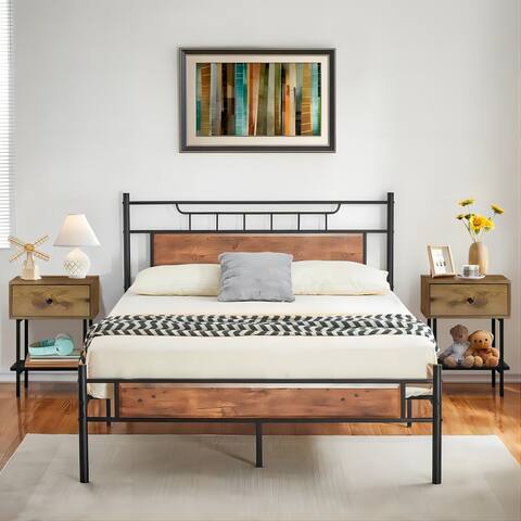 Industrial 3-Pieces Bedroom Set Platform Bed Frame and Nightstands Set of 2