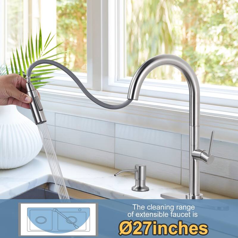 WOWOW Single Handle Pull Down Kitchen Faucet with Soap Dispenser