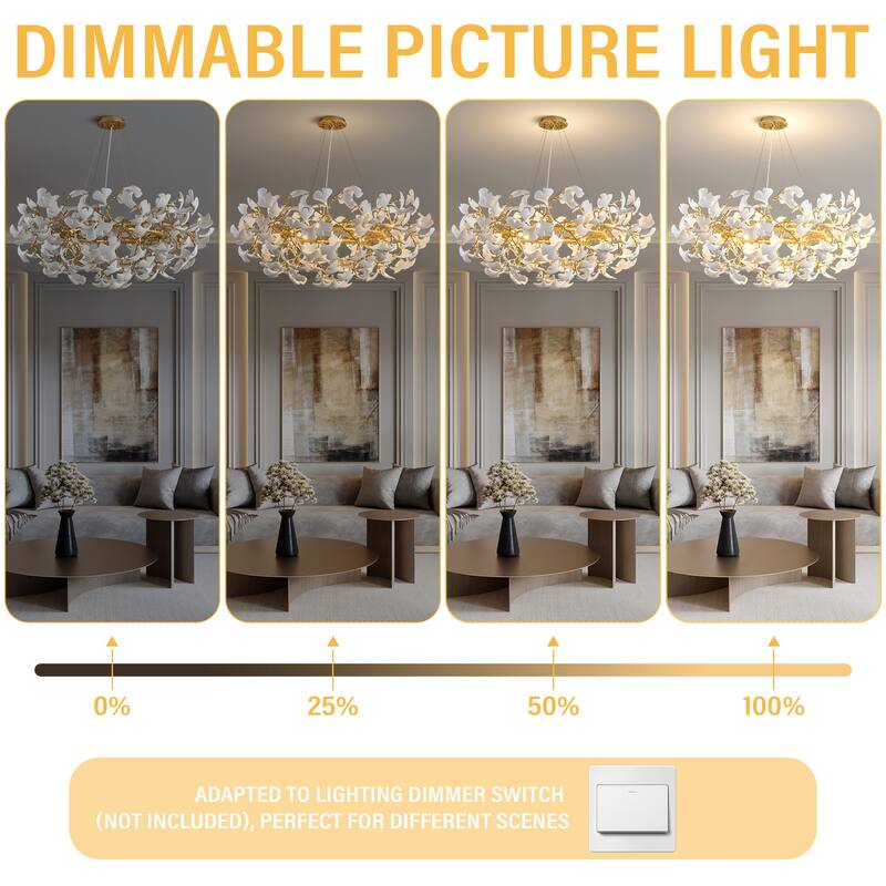 Modern Ginkgo Leaf Ceramic Chandelier, Moon Ring Round Pendant Light, D550-D1200, Gold Finish