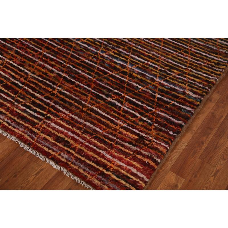 Striped Trellis Moroccan Oriental Rug Hand-Knotted Wool Carpet - 4'7" x 6'4"