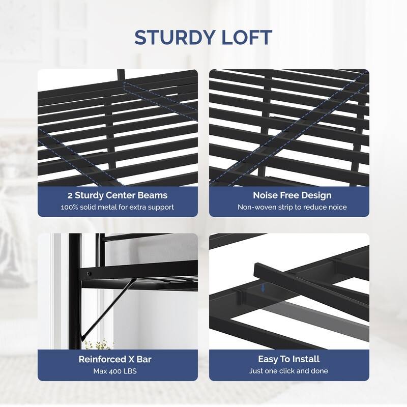 Black Queen Metal Loft Bed with LED Lights,Charging Station,Safety Guardrail and Ladder