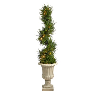 5' Spiral Cypress Artificial Tree in Urn with 80 Clear LED Lights - 20.5"