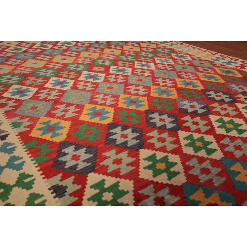 Geometric Kilim Orange Area Rug Hand-Woven Wool Carpet - 8'3" x 11'3"