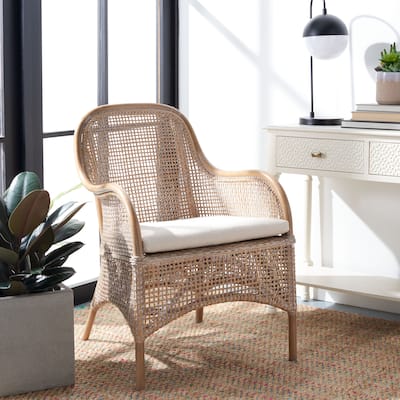 SAFAVIEH Charlie Grey WhiteWash/White Rattan Accent Chair with Cushion - 23.4" W x 24.8" L x 32.7" H