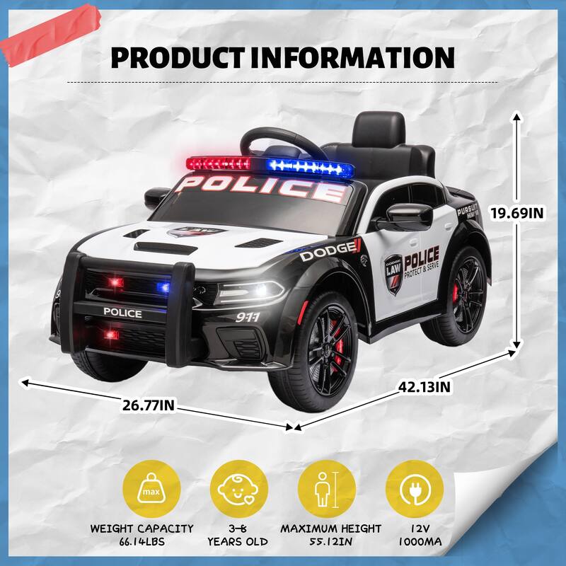 12v Kids ride on police car W/Parents Remote Control,anti-collision bar,Front& top and Four wheel suspension