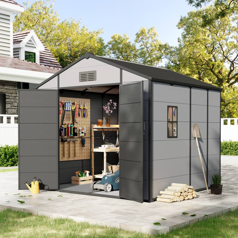 Erommy Outdoor Storage Shed with Built-In Floor, Lockable Double Doors & Sloped Roof - 8'x8' - Black