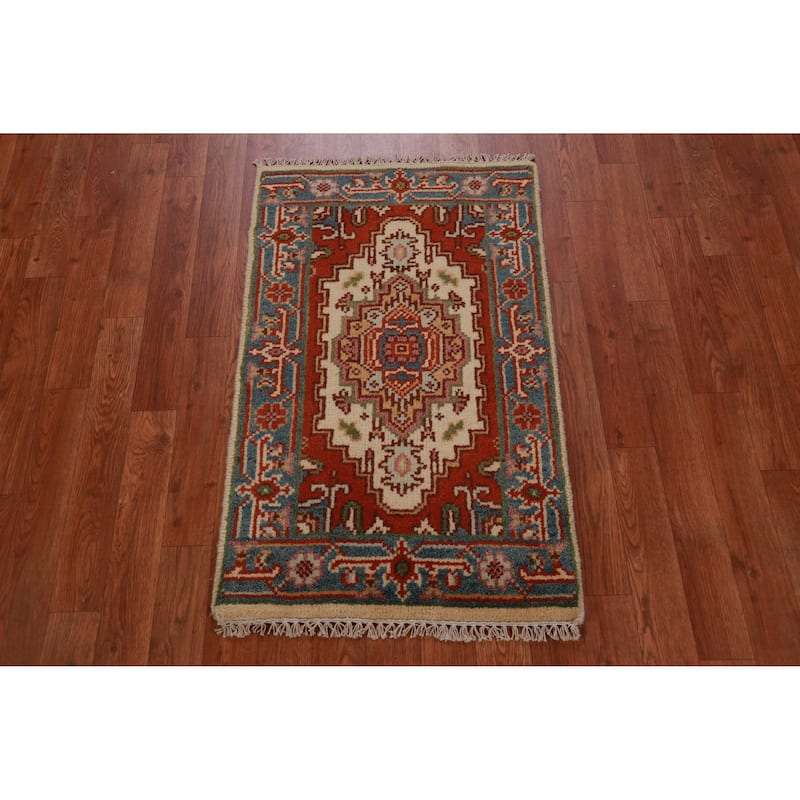 Hand Knotted Oriental 100% Wool Carpet Traditional Medallion Beige & Ivories Heriz (serapi) Area Rug - 3' 0'' X 2' 0''