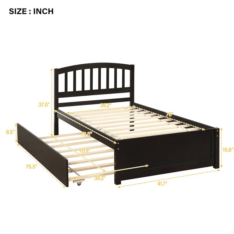 Twin Size Wood Platform Bed Frame with Trundle, Minimalist Design, Solid Pine Construction, Espresso Finish