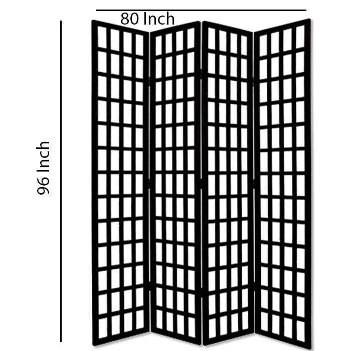 Wooden 4 Panel Foldable Window Pane Screen with Grid Design, Black