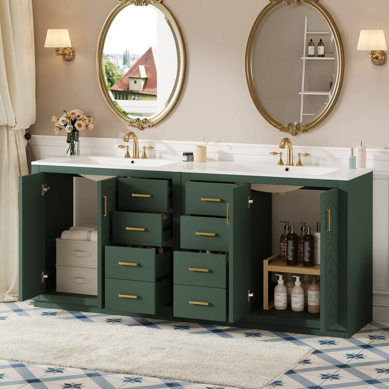 GDFStudio - Briarwick Modern Freestanding Double Bathroom Vanity Set with Ceramic Sinks, Drawers & Soft Closing Doors - 72'W - Green