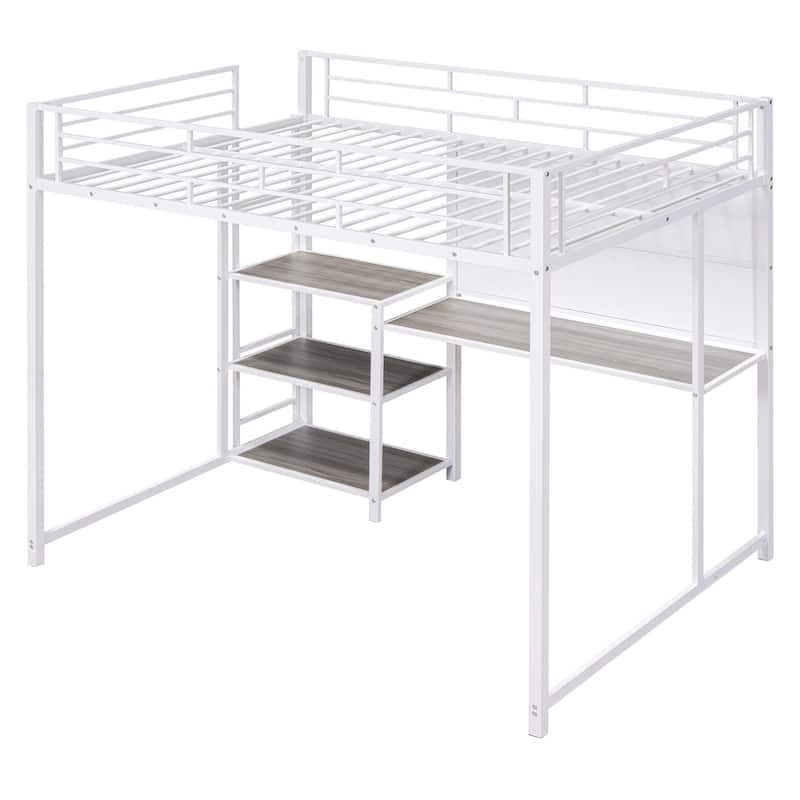 Metal Loft Bed with Shelves, Desk, Whiteboard & Ladder