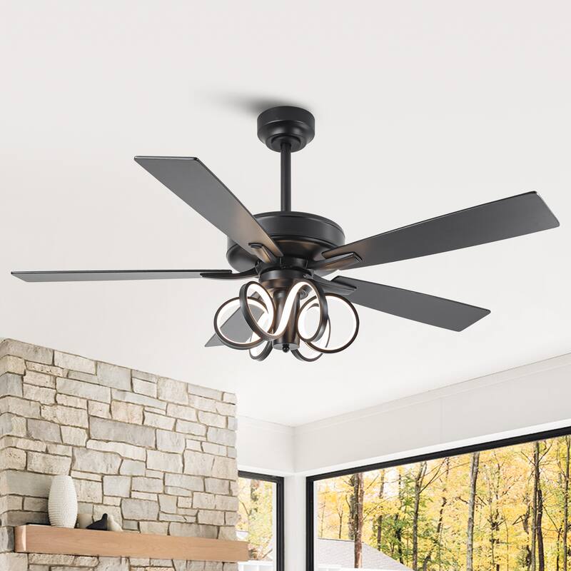 52" Modern Unique Dimmable LED Reversible Motor Ceiling Fan with Light and Remote - 52-inch W*19.3-inch H