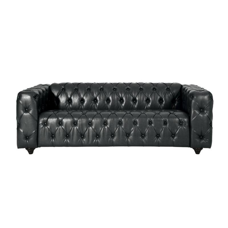 Black 83.5" PU Leather 3-Seater Sofa with Button-Tufted Back, Wide Armrests, and Vintage Wood Legs