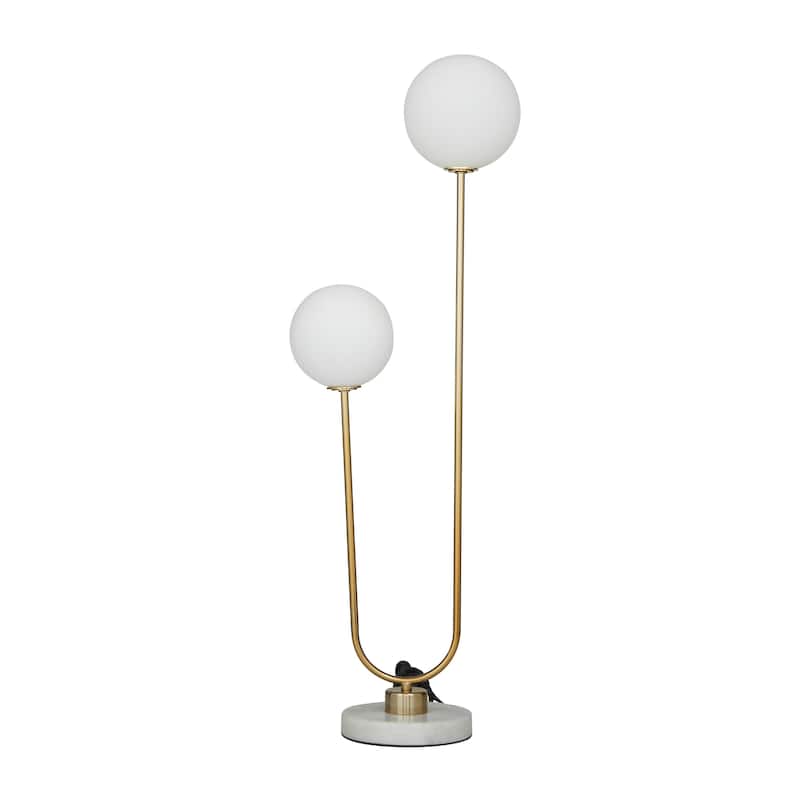 Metal Curved Orb 2 Light Room Table Lamp with White Glass Shades and Marble Base - Gold or Silver - Roche River Decor