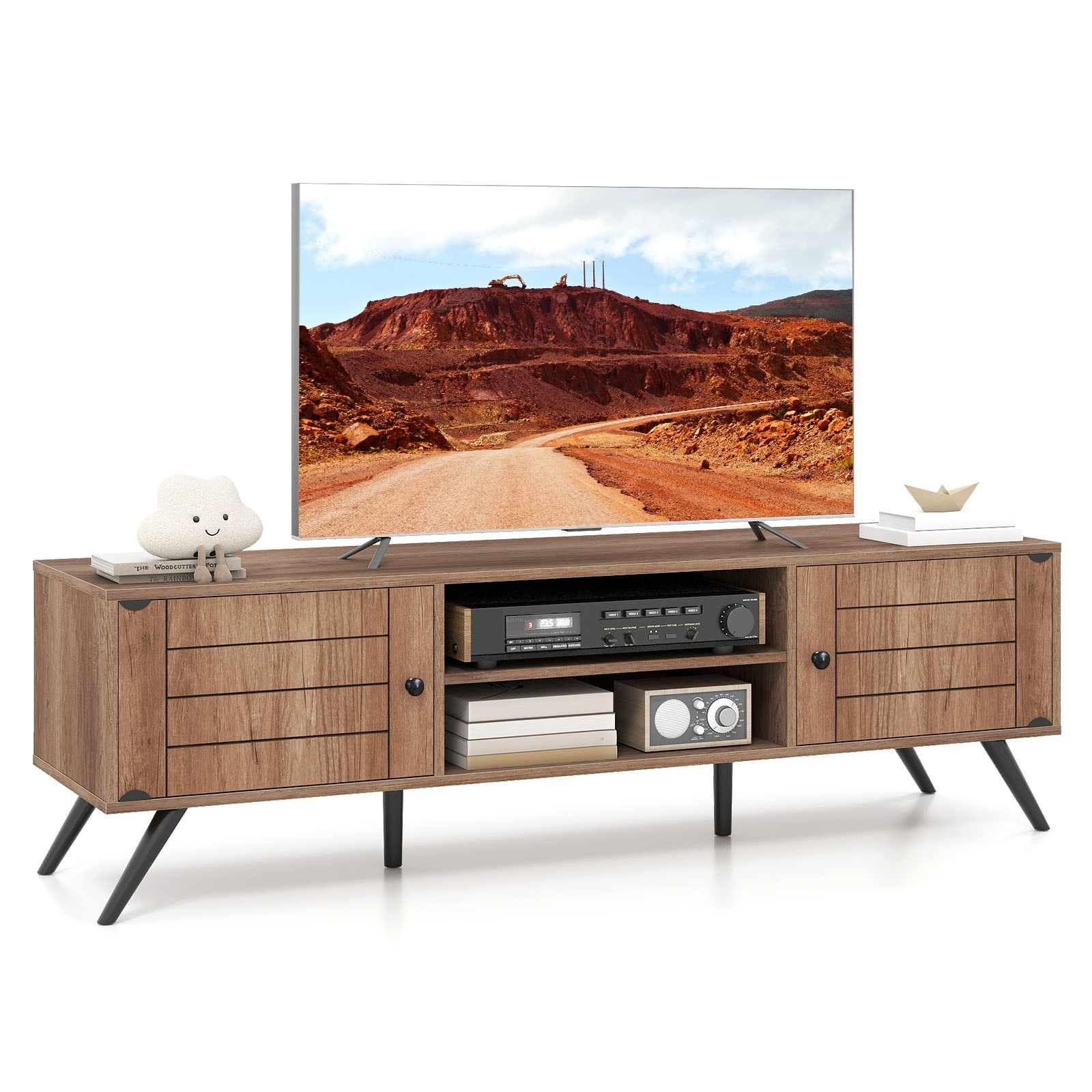 Gymax TV Stand w/2 Storage Cabinets & Open Shelves 6 Support Feet for
