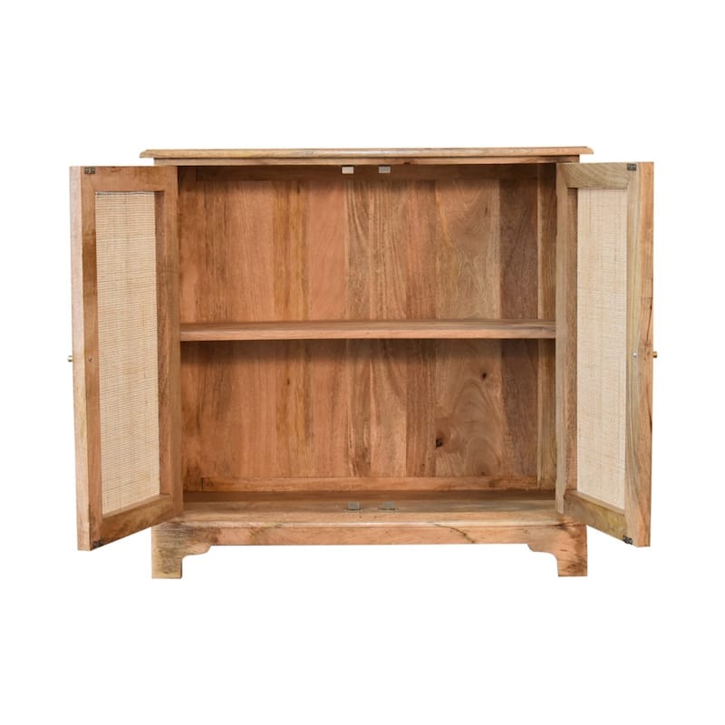 HomeRoots 34" Brown Solid Wood And Textured Rattan Accent Cabinet With Two Doors