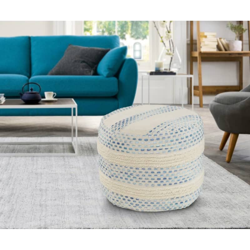 18" Soft Upholstered Striped Pouf Ottoman Blue Cotton Blend Accent for Living Room Decor