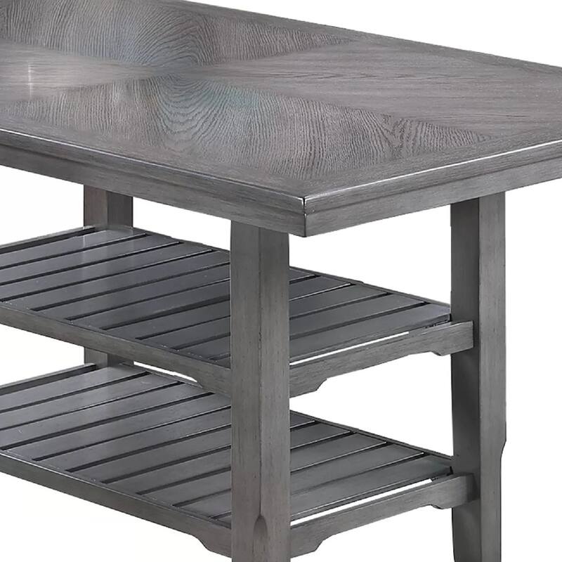 Suzy Counter-Height Table, 2 Slatted Shelves, Gray Rubberwood, 64 Inch