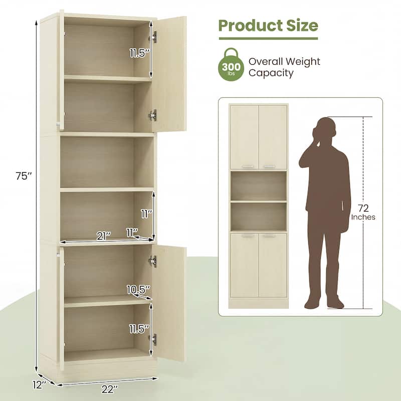 Costway 75" Tall Bathroom Storage Cabinet with 4 Doors & 2 Open - See Details