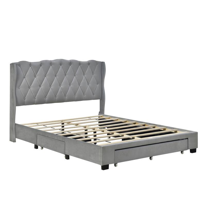 Velvet Fabric Tufted Upholstered Platform Bed with 3 Drawers