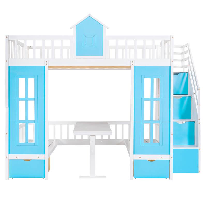 Bunk Bed with Changeable Table , Bunk Bed Turn into Upper Bed and Down Desk with 2 Drawers