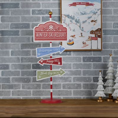 Dog Ski Resort Christmas Sign - 34" - Red and Blue