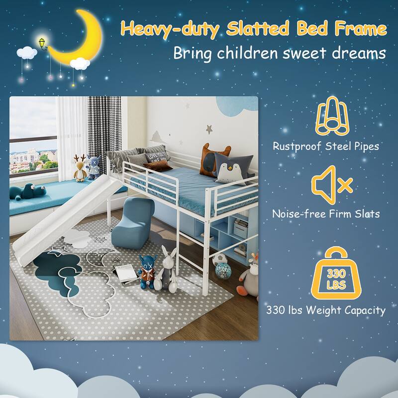 Gymax Twin Metal Loft Bed with Slide Guardrails Built-in Ladder Low