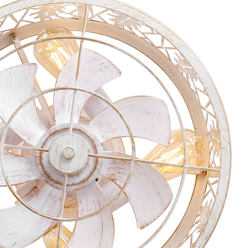 16.5" Vintage Distressed White 7-Blade Caged Ceiling Fan with Remote and Light