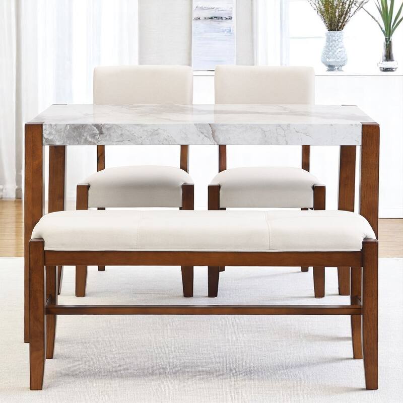 4-Piece Dining Table Set with Faux Marble 46" Table, 2 Upholstered Chairs and Bench for Dining Room or Kitchen