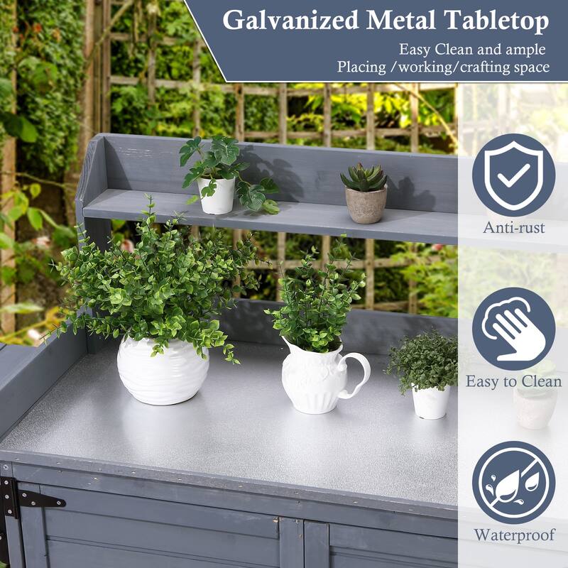 Outdoor Potting Bench Table Storage Cabinet, Wooden Planting Workstation with Storage Shelf & Galvanized Tabletop