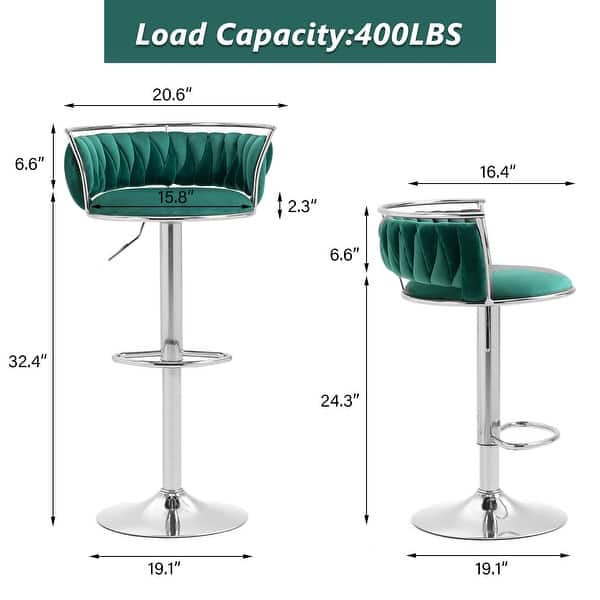dimension image slide 9 of 24, Modern Velvet Adjustable Swivel Bar Stools Set of 2