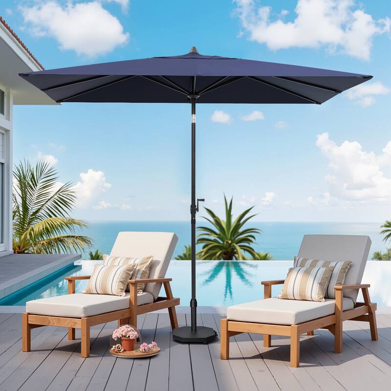9 x 5 FT Outdoor Patio Rectangular Market Umbrella and Base Stand with Wheels - Navy Blue