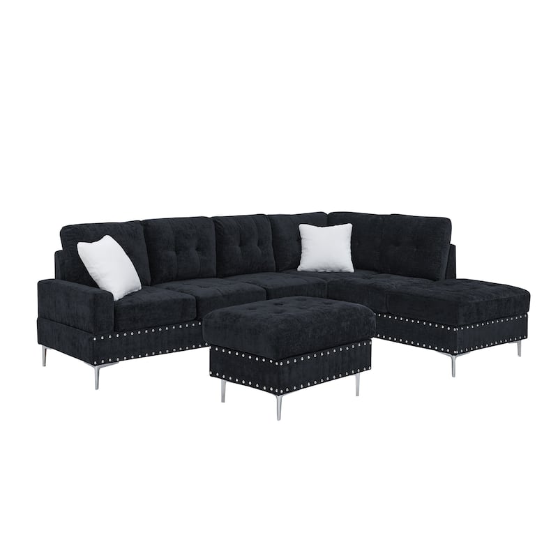 Chenille 3 Seater Couch L-shaped Sectional Sofa with Reversible Chaise, Storage Ottoman, Metal Legs, Copper Nails and 2 Pillows