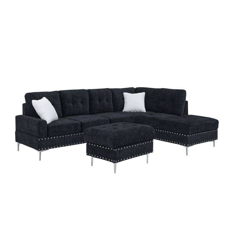 Roomfitters Sectional 3-Seater Sofa with Chaise, Storage Ottoman, Metal Legs, Nailhead Trim and Two Pillows