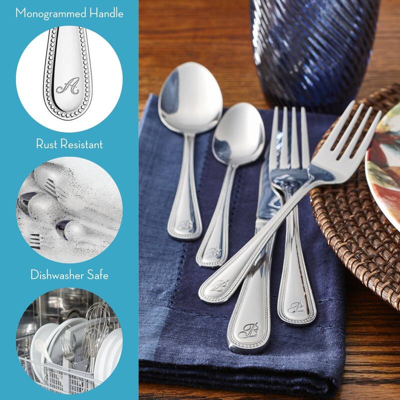 RiverRidge Beaded Flatware 46-Piece Monogrammed/Non-Monogrammed Stainless Steel Silverware Set for 8