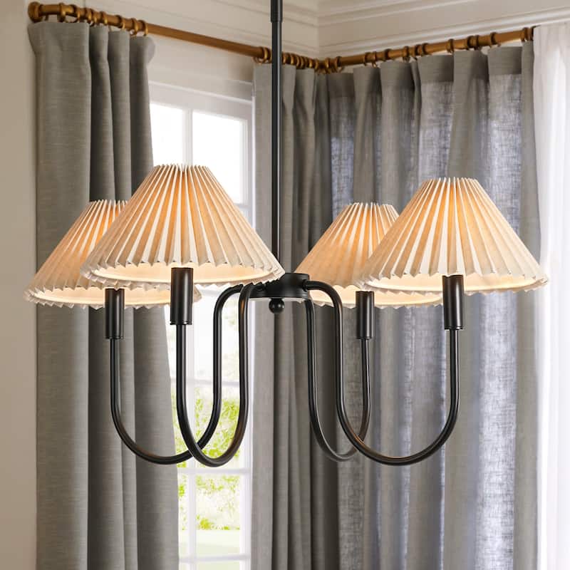 4-Light Mid-Century Modern Chandelier in Brushed Gold/Matte Black Chandelier with Pleated Shades for Living Room